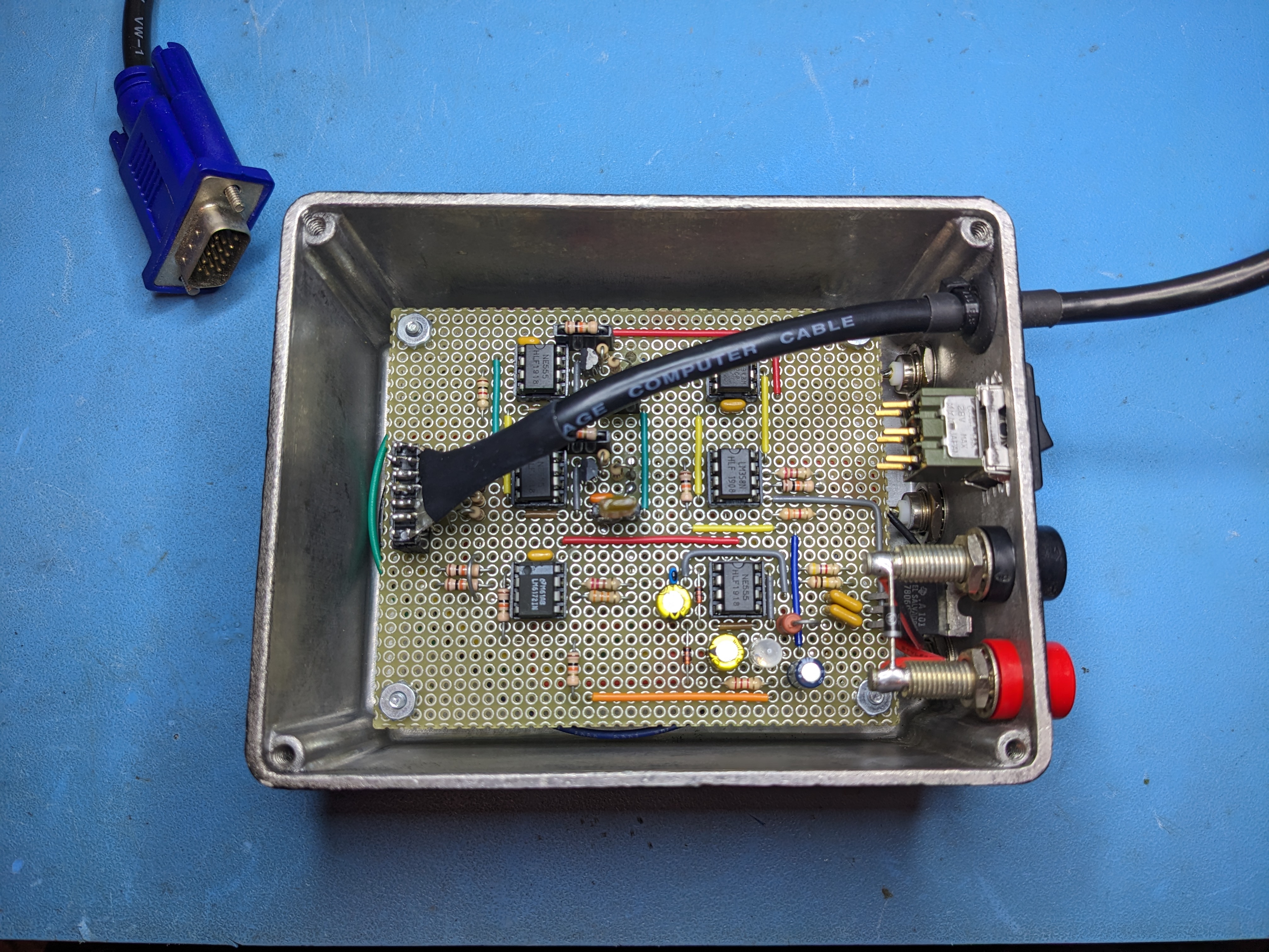 Photo with the lid off the converter showing circuit components